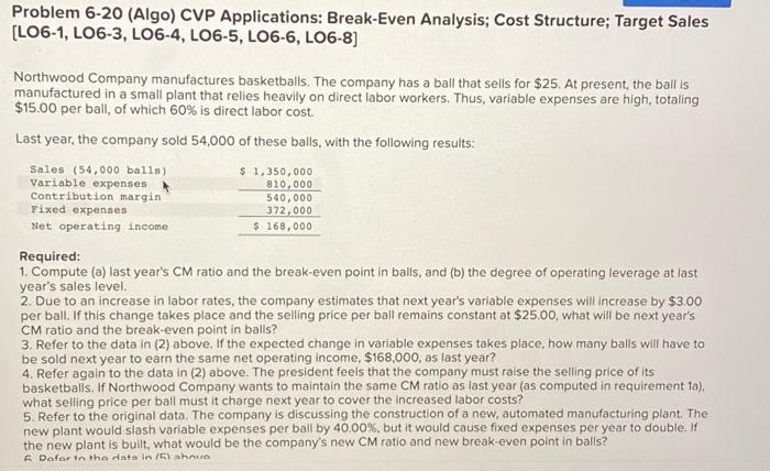 Problem 6-20 (Algo) CVP Applications: Break-Even Analysis; Cost Structure; Target Sales [LO6-1,