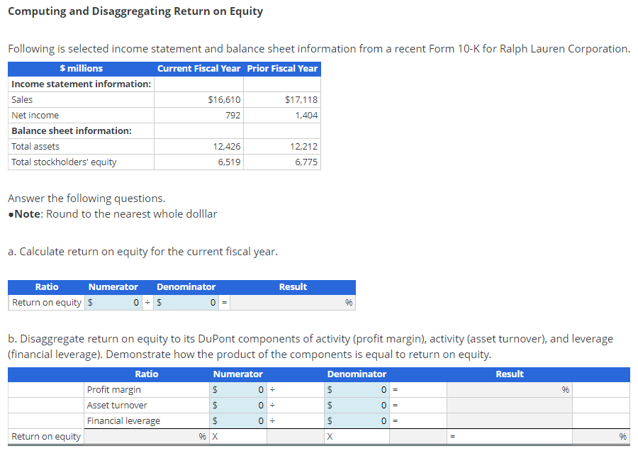 Computing and Disaggregating Return on Equity Following is selected income statement and