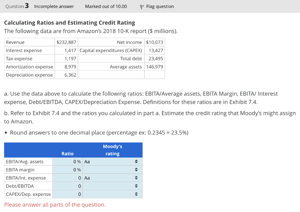 Question 3 Incomplete answer Marked out of 10.00 Flag question Calculating Ratios