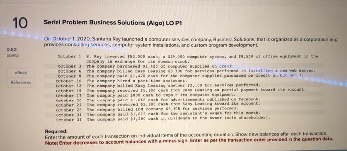 10 Serial Problem Business Solutions (Algo) LO P1 0.62 points On October