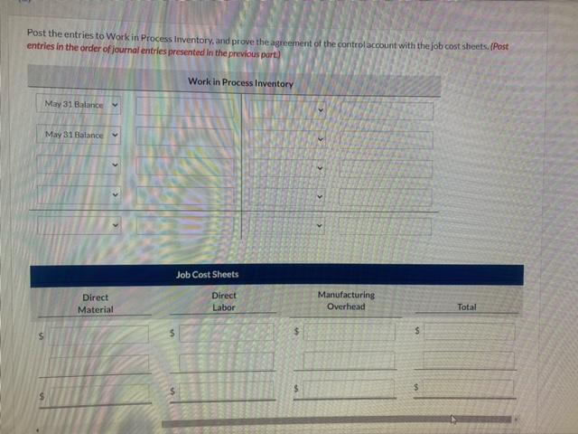 agreement of the control account with the job cost sheets. (Post entries