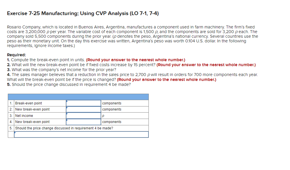 Exercise 7-25 Manufacturing: Using CVP Analysis (LO 7-1, 7-4) Rosario Company, which