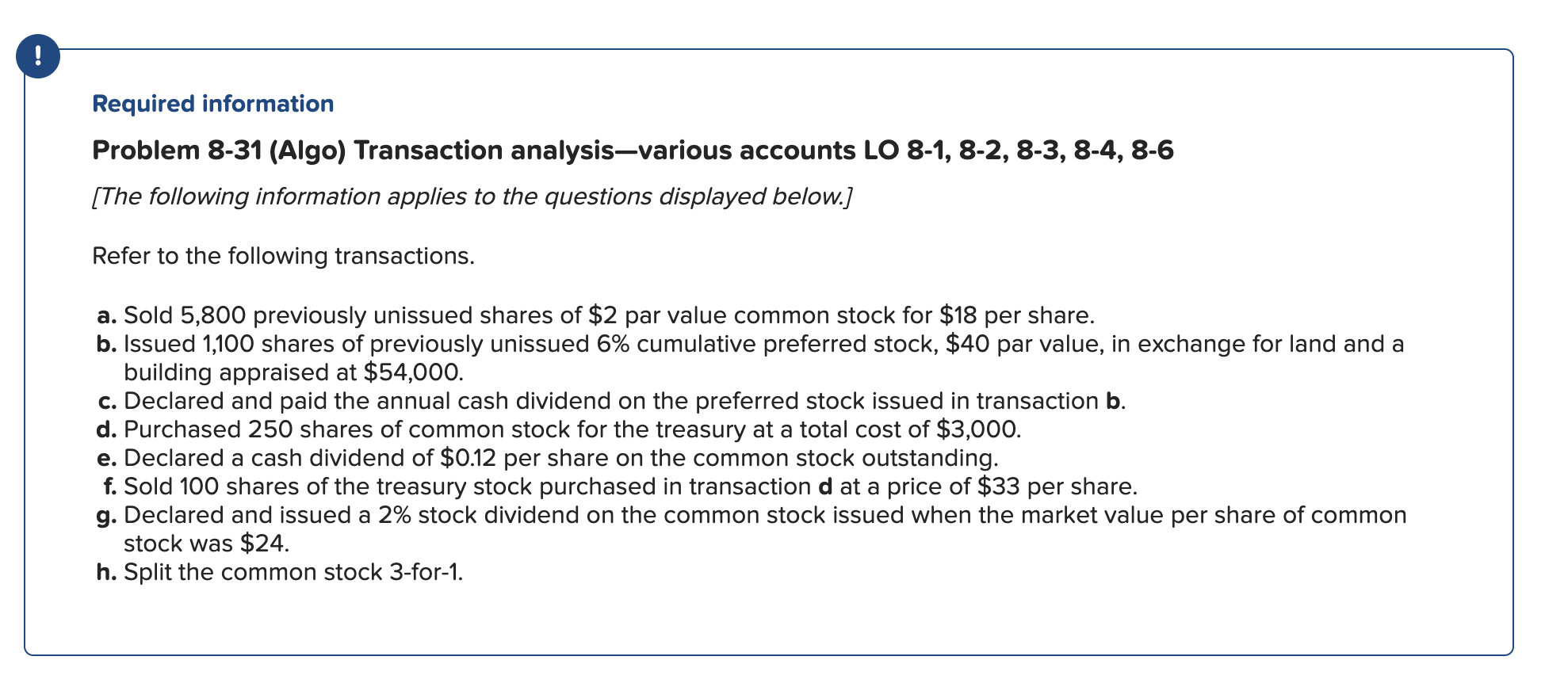 ! .- Required information Problem 8-31 (Algo) Transaction analysis-various accounts LO 8-1,