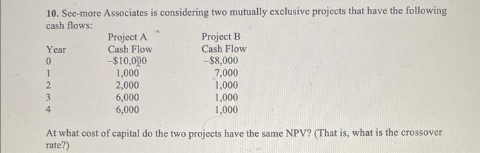 10. See-more Associates is considering two mutually exclusive projects that have the