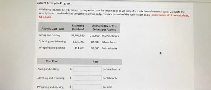Current Attempt in Progress Wildhorse Inc. uses activity-based costing as the basis