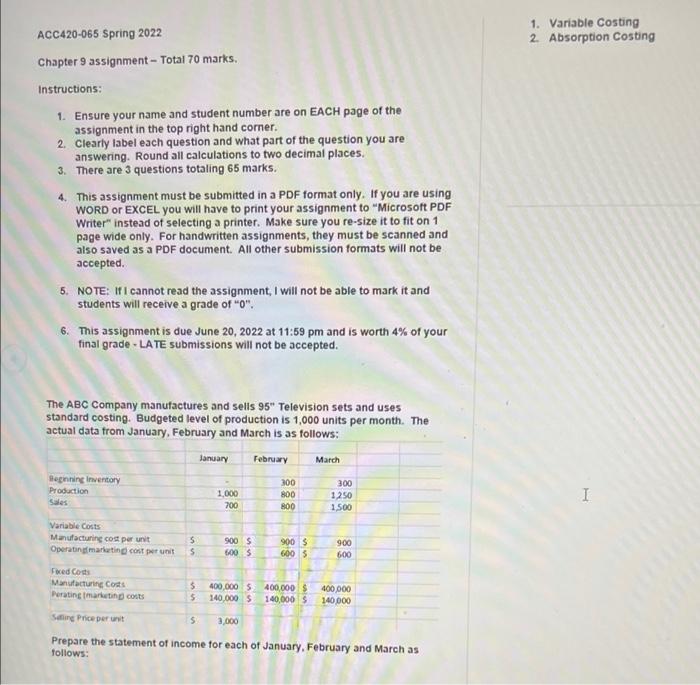 ACC420-065 Spring 2022 Chapter 9 assignment - Total 70 marks. Instructions: 1.