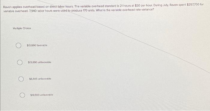 Raven applies overhead based on direct labor hours. The variable overhead standard