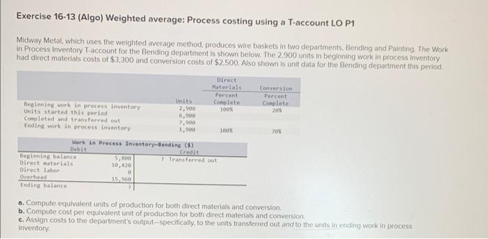 Exercise 16-13 (Algo) Weighted average: Process costing using a T-account LO P1
