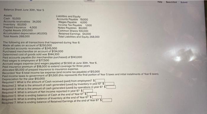 Help Save & Exit Submit Balance Sheet June 30th, Year 5 Assets