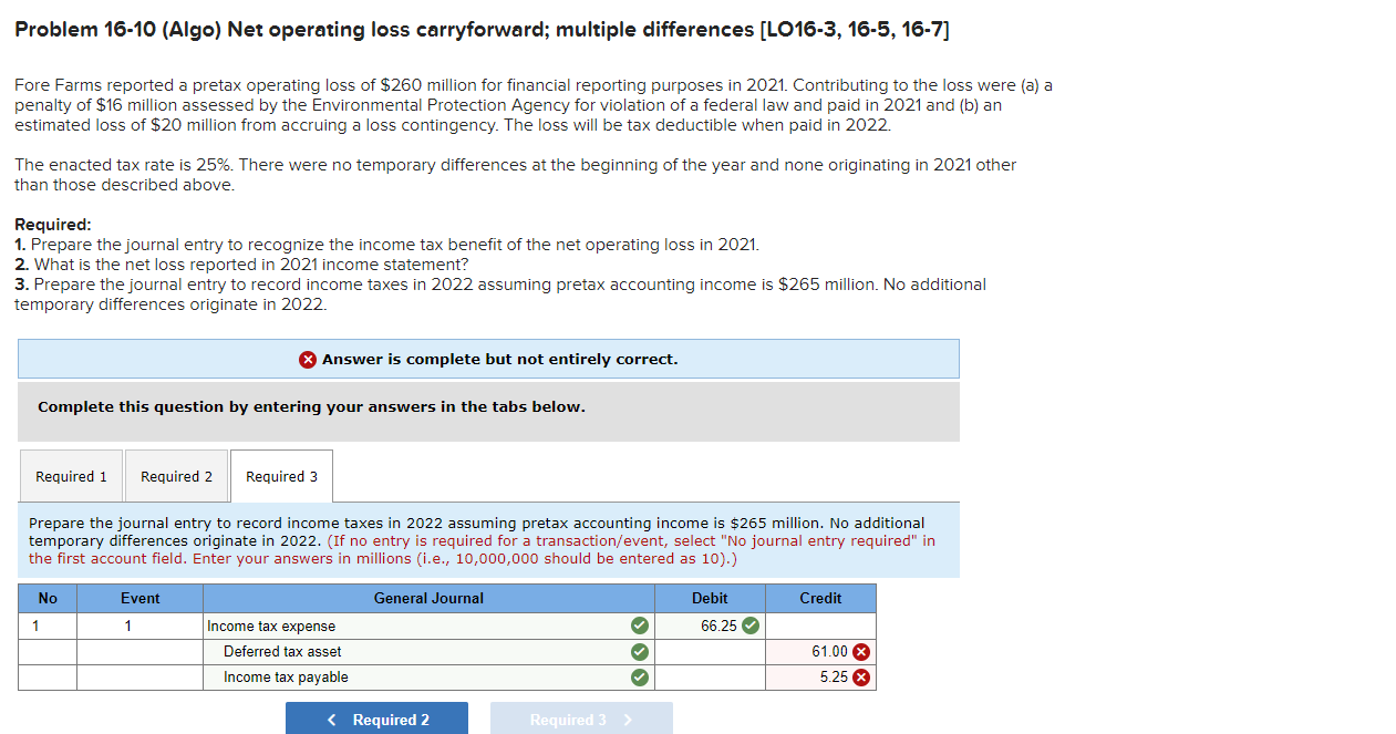 Problem 16-10 (Algo) Net operating loss carryforward; multiple differences [LO16-3, 16-5, 16-7]