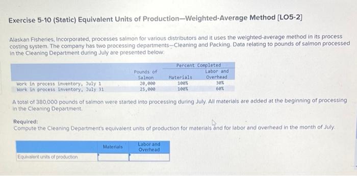 Exercise 5-10 (Static) Equivalent Units of Production-Weighted-Average Method [LO5-2] Alaskan Fisheries, Incorporated,