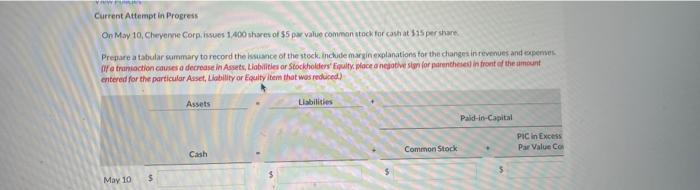 Current Attempt in Progress On May 10, Cheyenne Corp. issues 1,400 shares
