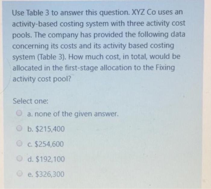 Use Table 3 to answer this question. XYZ Co uses an activity-based