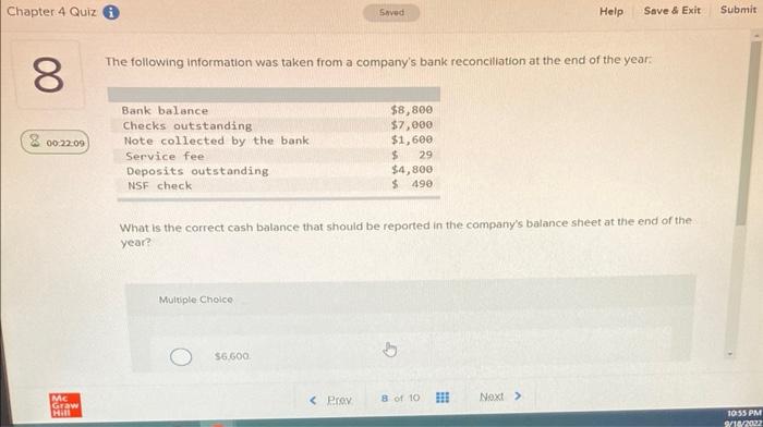 Chapter 4 Quiz 00 8 00:22:09 Mc Graw Hill Saved Help Save