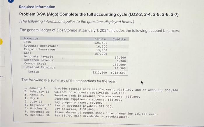 es Required information Problem 3-9A (Algo) Complete the full accounting cycle (LO3-3,