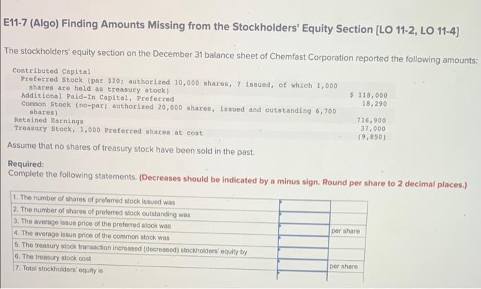E11-7 (Algo) Finding Amounts Missing from the Stockholders' Equity Section [LO 11-2,