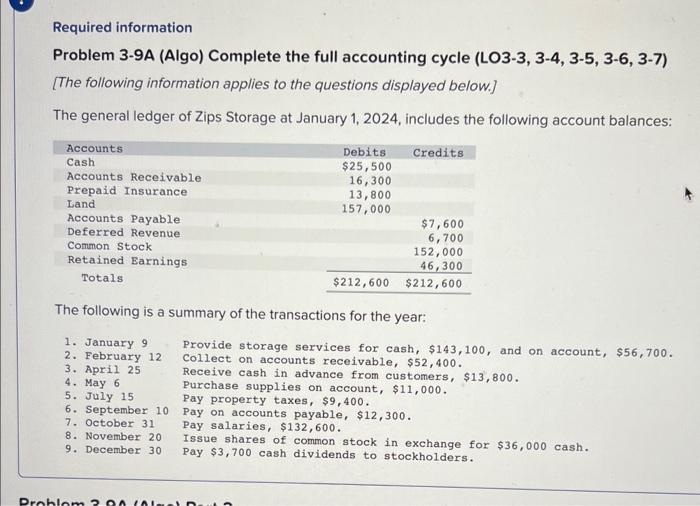 Required information Problem 3-9A (Algo) Complete the full accounting cycle (LO3-3, 3-4,