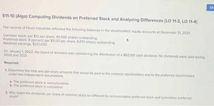 E11-10 (Algo) Computing Dividends on Preferred Stock and Analyzing Differences [LO 11-3,