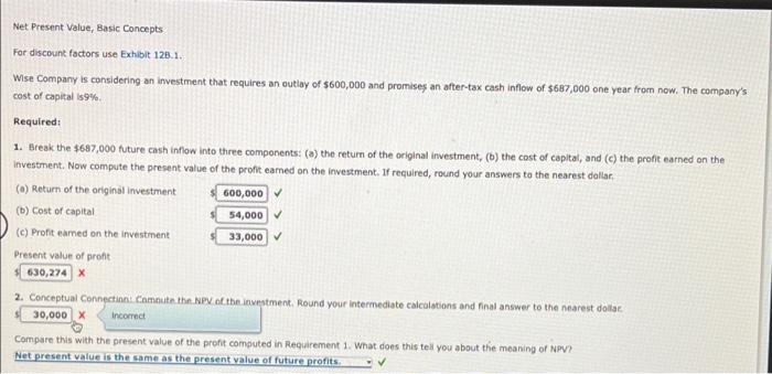 Net Present Value, Basic Concepts For discount factors use Exhibit 128.1. Wise