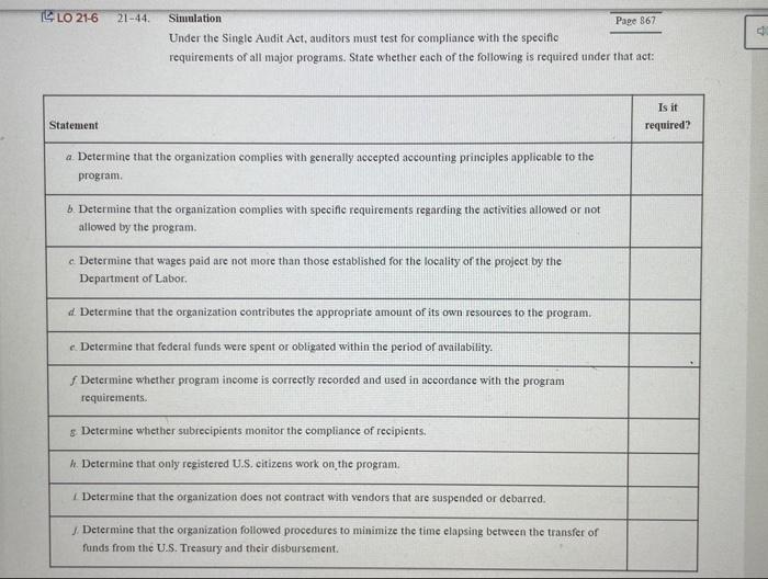 LO 21-6 21-44. Simulation Page 867 Under the Single Audit Act, auditors