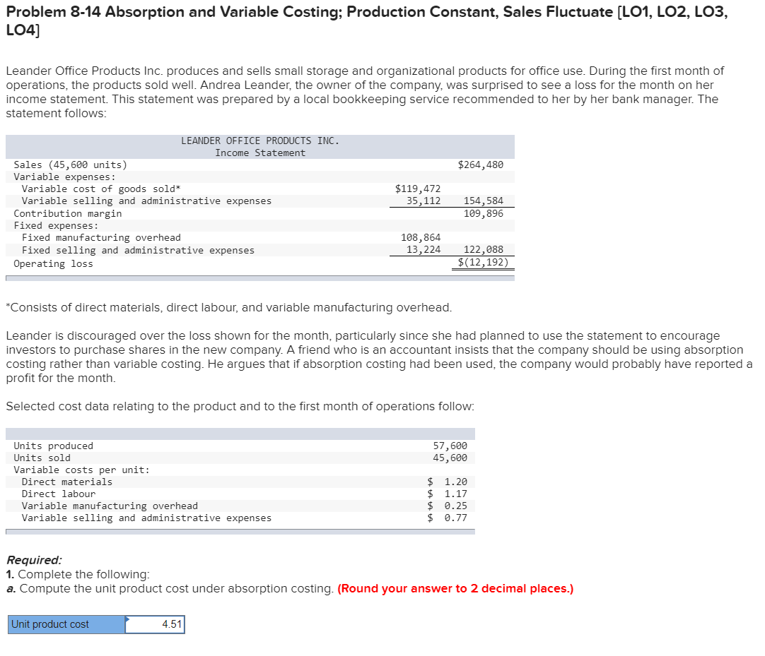 Problem 8-14 Absorption and Variable Costing; Production Constant, Sales Fluctuate [LO1, LO2,