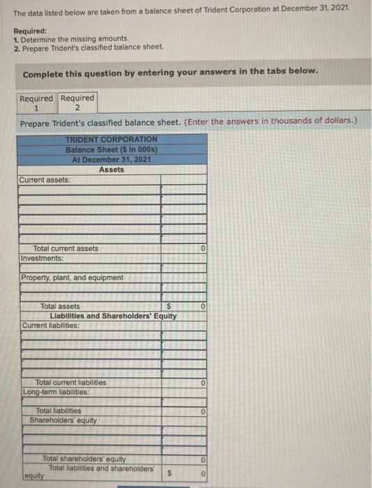 Corporation at December 31, 2021, Required: 1. Determine the missing amounts. 2.