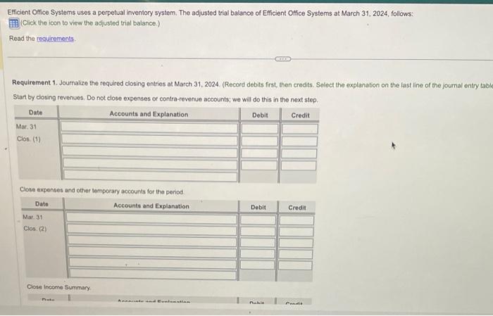 Efficient Office Systems uses a perpetual inventory system. The adjusted trial balance