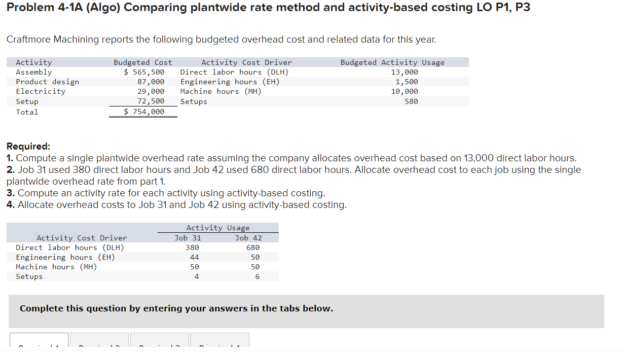Problem 4-1A (Algo) Comparing plantwide rate method and activity-based costing LO P1,
