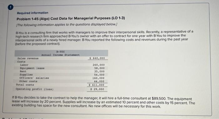 Required information Problem 1-45 (Algo) Cost Data for Managerial Purposes (LO 1-3)