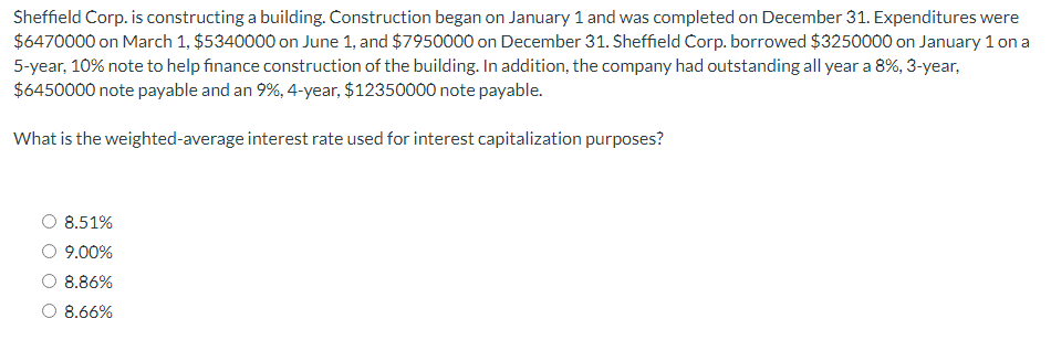 Sheffield Corp. is constructing a building. Construction began on January 1 and