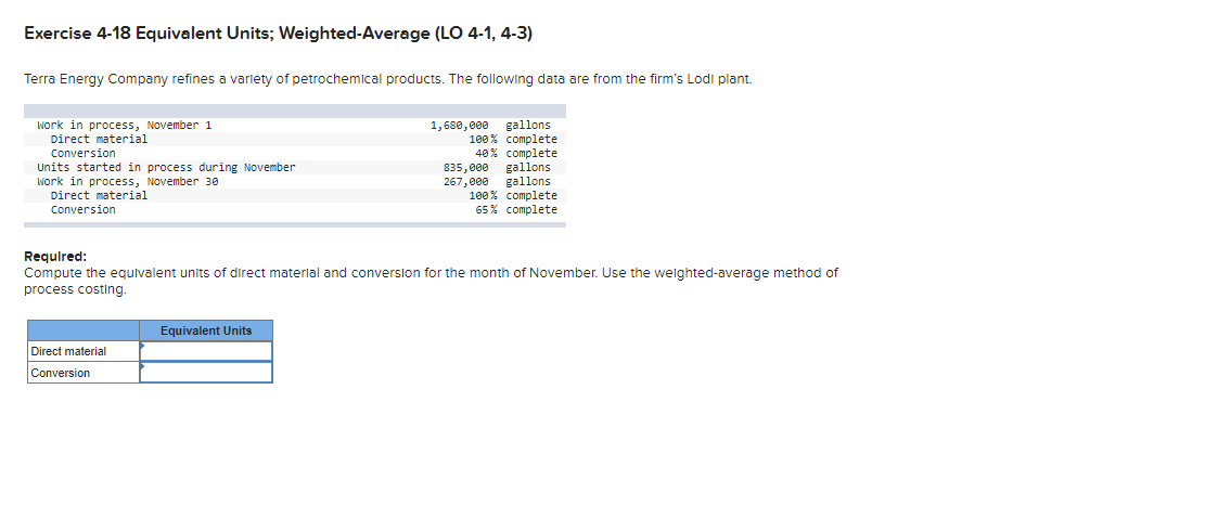 Exercise 4-18 Equivalent Units; Weighted-Average (LO 4-1, 4-3) Terra Energy Company refines