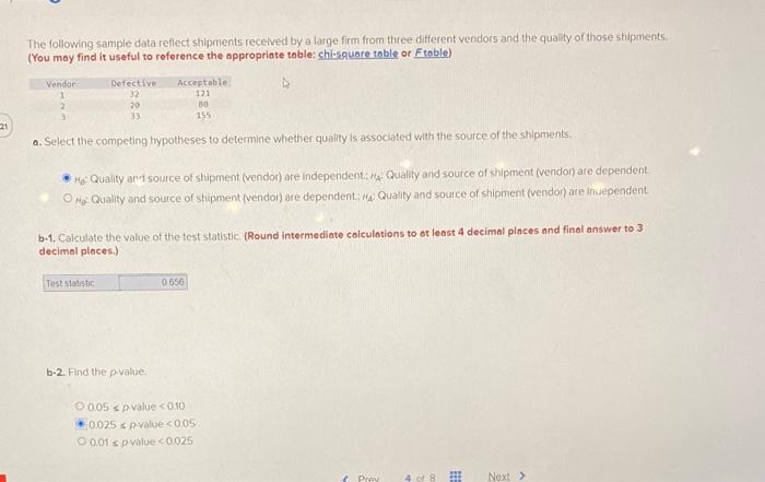 21 The following sample data reflect shipments received by a large firm