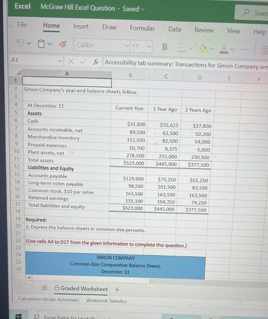 Excel McGraw Hill Excel Question - Saved Sear File Home Insert Draw