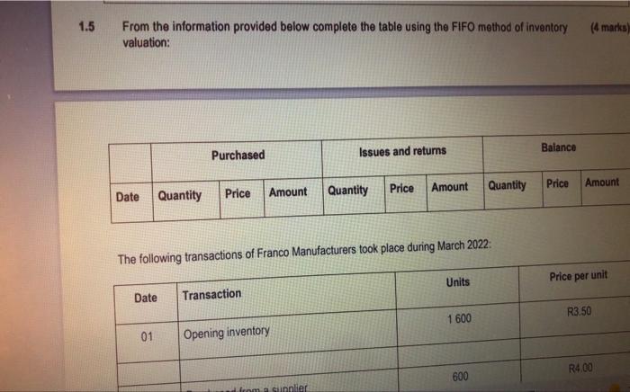 1.5 From the information provided below complete the table using the FIFO