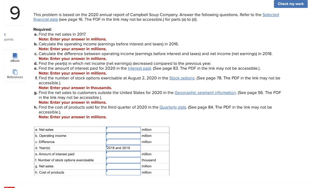 Check my work 9 This problem is based on the 2020 annual