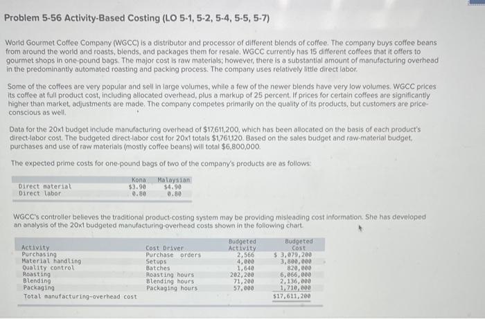 Problem 5-56 Activity-Based Costing (LO 5-1, 5-2, 5-4, 5-5, 5-7) World Gourmet