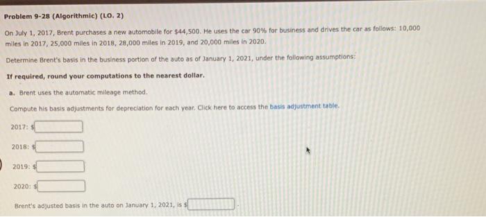 Problem 9-28 (Algorithmic) (LO. 2) On July 1, 2017, Brent purchases a