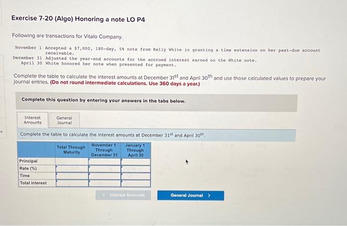 Exercise 7-20 (Algo) Honoring a note LO P4 Following are transactions for