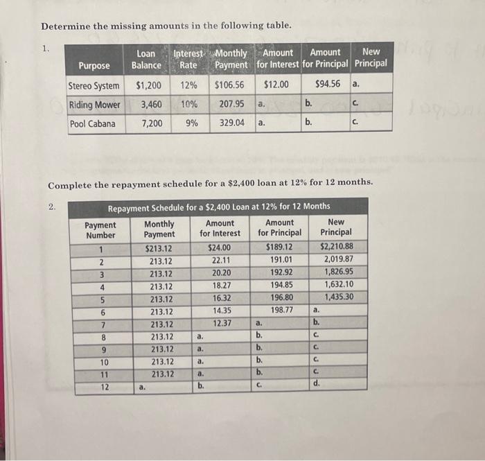 Determine the missing amounts in the following table. 1. Purpose Loan Balance