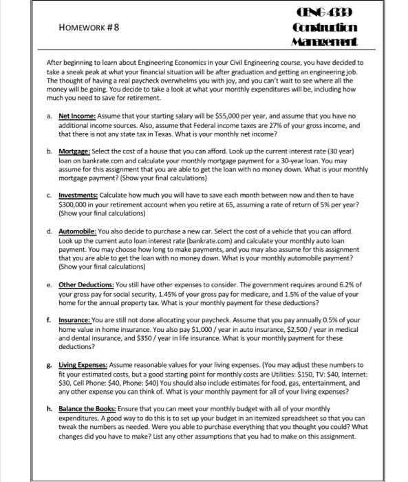 HOMEWORK #8 CING 4330 Construction Management After beginning to learn about Engineering