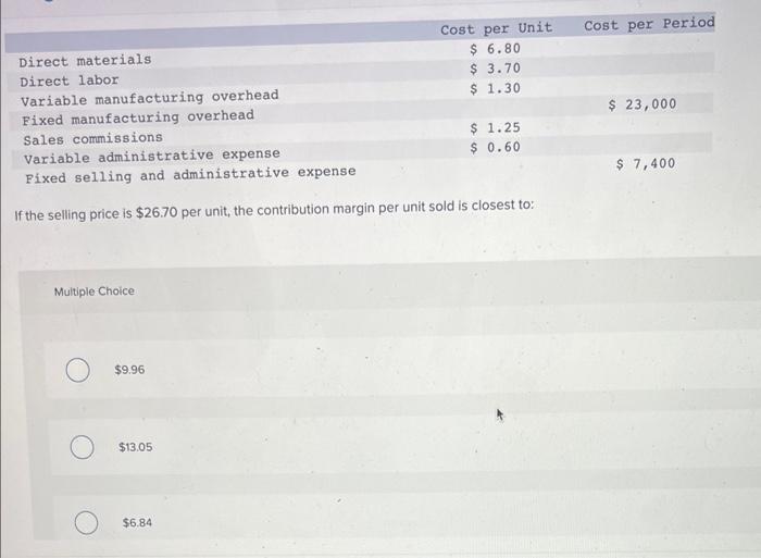 Direct materials Direct labor Variable manufacturing overhead Fixed manufacturing overhead Sales commissions