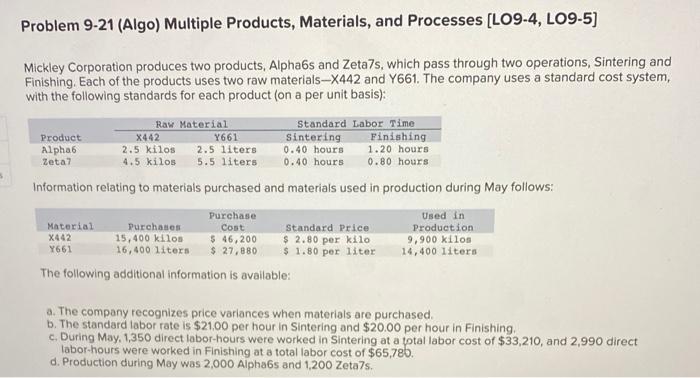 Problem 9-21 (Algo) Multiple Products, Materials, and Processes [LO9-4, LO9-5] Mickley Corporation