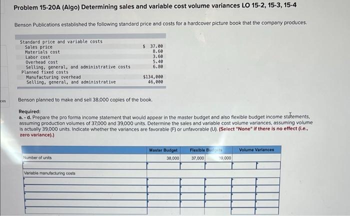 Problem 15-20A (Algo) Determining sales and variable cost volume variances LO 15-2,