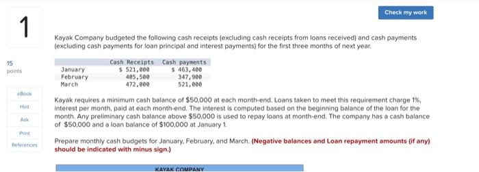 Check my work 1 15 points eBook Hint Ask Print References Kayak