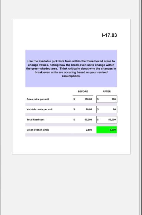 I-17.03 Use the available pick lists from within the three boxed areas