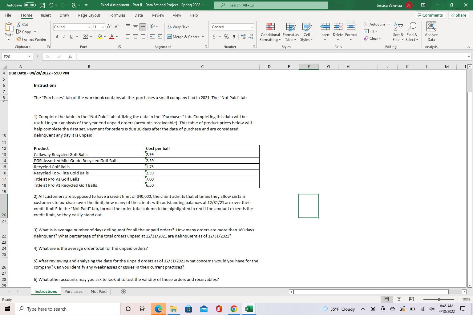 AutoSave Excel Assignment - Part II - Data Set and Project -