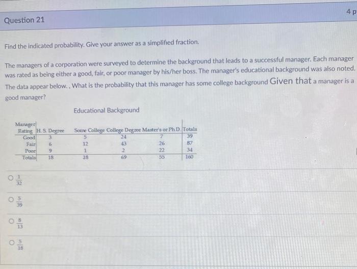 Question 21 Find the indicated probability. Give your answer as a simplified