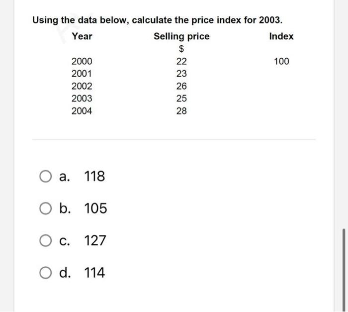 Using the data below, calculate the price index for 2003. Year Selling