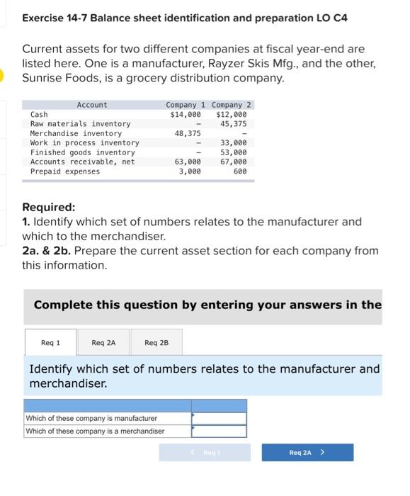 Exercise 14-7 Balance sheet identification and preparation LO C4 Current assets for