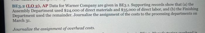 BE3.2 (LO 2), AP Data for Warner Company are given in BE3.1.